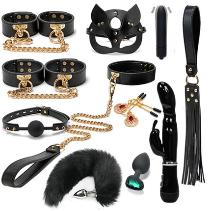 BLACKWOLF BDSM Bed Bondage Kits Genuine Leather Restraint Set Handcuffs Collar Gag Erotic Sex Toys For Women Couples Adult Games
