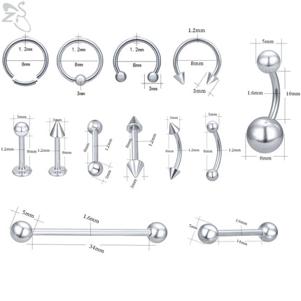 ZS Body Piercing Tool Kit 12-20G Disposable Professional Body Self Piercing Kits Clamp Gloves Tools Ear Lip Nose Navel Piercings