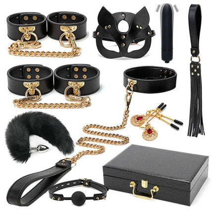BLACKWOLF BDSM Bed Bondage Kits Genuine Leather Restraint Set Handcuffs Collar Gag Erotic Sex Toys For Women Couples Adult Games