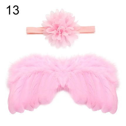 2pcs/set Cute Newborn Angel Feather Wings with Baby Girl Rose Flower Headband Hair Accessories for Infant Photography Props