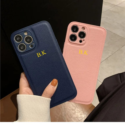 Korea Personalise Name Letters Leather PU Soft Phone Case For iPhone 15 14 13 12 11 Pro X XS Max XR 7 8 Plus Luxury Plain Cover