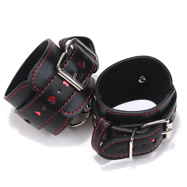 PU Leather Sexy Handcuffs Collar Gag Hollow LOVE Restraints Foot Cuffs BDSM Sex Toys for Couples Bondage Erotic Women Adult Game