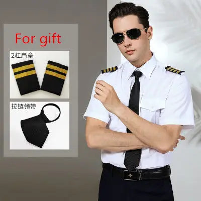 Super Quality Pilot Shirt Mens White Airline Pilot Uniforms Hair Stylist Fashion Slim Fit Workwear Big Size Male Clothing