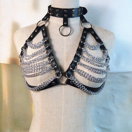Sexy BDSM Leather Body Harness Chain Bra  Accessoriess for Women Goth Punk Metal Tassel Chest Bra Breasts Body S1143