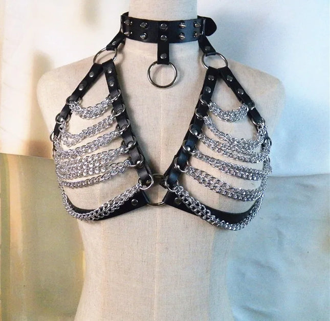 Sexy BDSM Leather Body Harness Chain Bra Accessories for Women Goth Punk Metal Tassel Chest Bra Breasts Body S1143