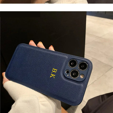 Korea Personalise Name Letters Leather PU Soft Phone Case For iPhone 15 14 13 12 11 Pro X XS Max XR 7 8 Plus Luxury Plain Cover