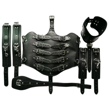 Thierry Lockdown Leather Cincher Corset, Body Bondage Straitjacket With Arm Cuffs Handcuffs Neck Collar, Harness Sex Game Toys