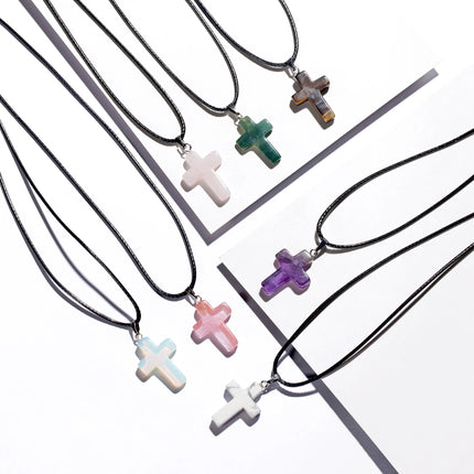 Natural Stone Cross Pendant Necklace Women Men 18inch Black Leather Cord Custom Crystal Choker Chakra Jewelry Findings