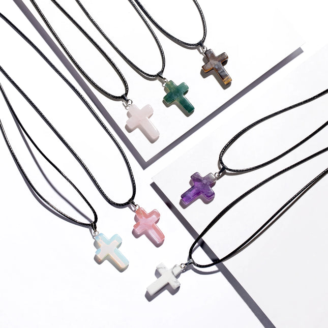 Natural Stone Cross Pendant Necklace Women Men 18inch Black Leather Cord Custom Crystal Choker Chakra Jewelry Findings