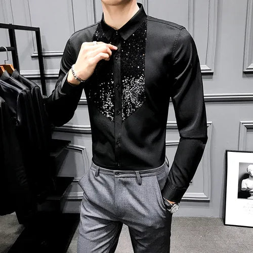 Sequins Tuxedo Shirts Men Long Sleeve Camisa Masculina 2020 Black White Casual Slim Fit  Men Dress Shirts Streetwear Social Tops