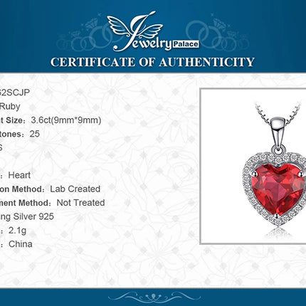 JewelryPalace Heart Love 3.6ct Created Ruby 925 Sterling Silver Pendant Necklace for Women No Chain Fashion Fine Jewelry Gift