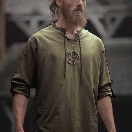 Men Plus Size Shirt Top Ancient Viking Embroidery Lace Up V Neck Long Sleeve Shirt Top For Men's Clothing