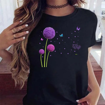 Maycaur Women's Graphic Cartoon Dandelion Print T-Shirt Short Sleeve Ladies Print Clothes Lady Tees Tops Female Women's T-Shirt