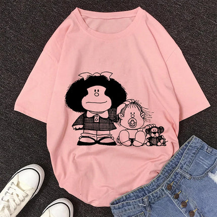 2020 New Summer Fashion Female Pink Tops Mafalda Cute Graphic Print T-shirt Women Harajuku Aesthetic White Tops Kawaii Tshirt
