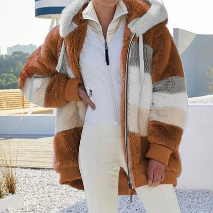 2024 Autumn Winter Warm Plush Patchwork Zipper Pocket Hooded Loose Coat for Women