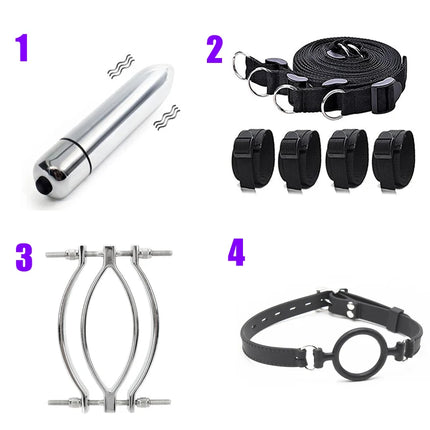 Electric Shock Vagina Pen Labia Clips Nipple Clamp Bdsm Bondage Clit Stimulator Set Restraint Strap Mouth Gag Vibrator Sex Toys