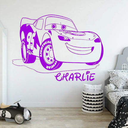 Lightning Racing Car Personalised Name Wall Sticker Vinyl Cartoon Car Wall Decal Custom Name Boys Kids Room Decor C344