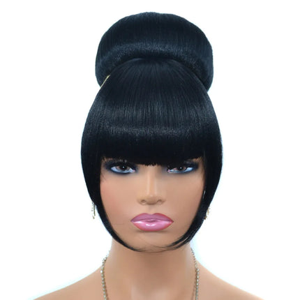 Jeedou Afro Puff Chignon with Bangs Black Hair Bun and Bangs Set Donut Bun Pad Clip-In Spherical Updo Synthetic Hairpiece