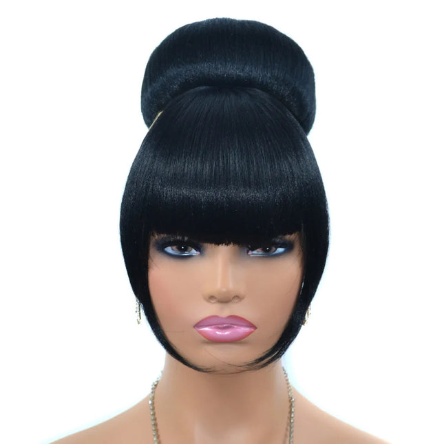 Jeedou Synthetic Hairpieces Spherical Updos Chignon with Bangs Clip-In Hair Bun Pad Donut Rubber Band Black Color