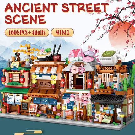 Mini City Street View Noodle Shop House Building Blocks 4 in 1 Japanese Architecture Friends Figures Bricks Toys For Children
