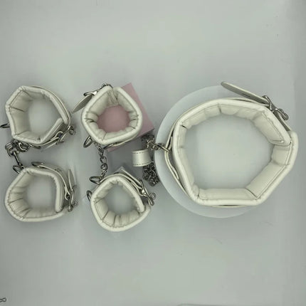 Soft PU Sponge Slave Bondage Set of Handcuffs Ankle Cuffs with Metal Chain Collar for Women Men Fetish Bdsm Adult Games Sex Toys