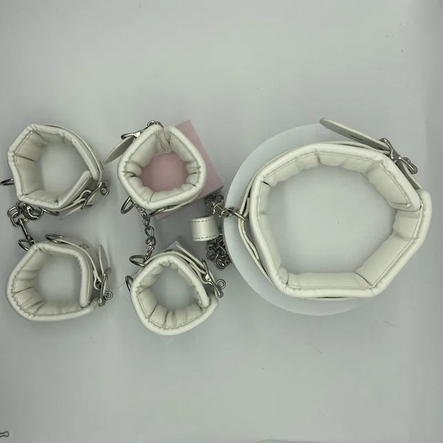 Soft PU Sponge Slave Bondage Set of Handcuffs Ankle Cuffs with Metal Chain Collar for Women Men Fetish BDSM Adult Games Sex Toys