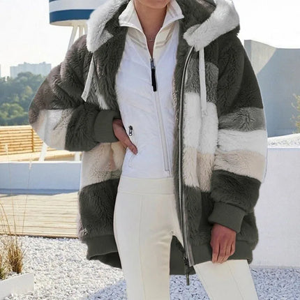 2024 Autumn Winter Warm Plush Patchwork Zipper Pocket Hooded Loose Coat for Women
