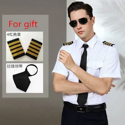 Super Quality Pilot Shirt Mens White Airline Pilot Uniforms Hair Stylist Fashion Slim Fit Workwear Big Size Male Clothing
