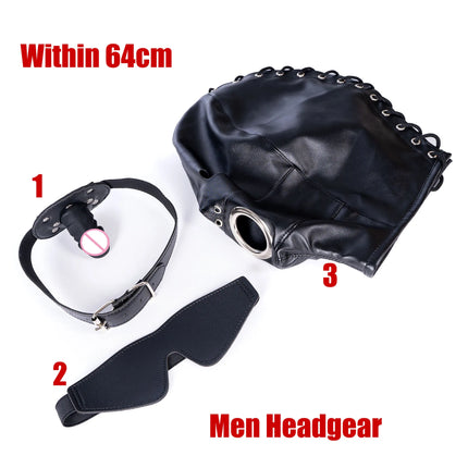 SM Leather Hood Blindfold,Head Harnes Mask With Dildo Penis Mouth Gag,Fetish Slave BDSM Bondage Gimp,Adult Sex Toy For Women Men