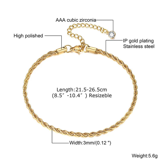 Rope Anklet, Stainless Steel Rope Ankle, Anklets Bracelets for Men Women, Adjustable Twisted Rope Bracelet Gift