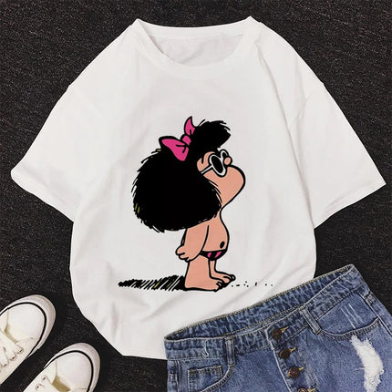 2020 New Summer Fashion Female Pink Tops Mafalda Cute Graphic Print T-shirt Women Harajuku Aesthetic White Tops Kawaii Tshirt