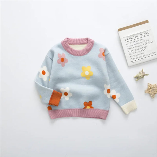 2024 Autumn Winter Girls Floral Knitted Sweater Baby Kids Thick Keep Warm Long Sleeve Tops Toddler Children's Pullover for Girls