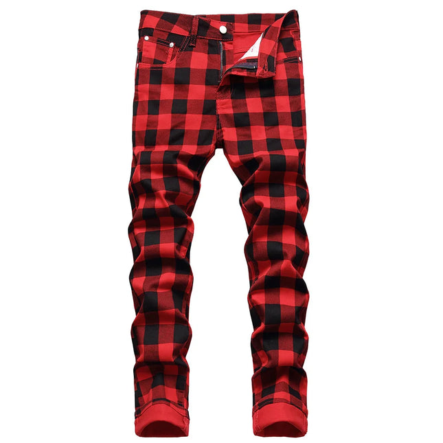 Men Red Plaid Printed Pants Fashion Slim Stretch Jeans Trendy Plus Size Straight Trousers