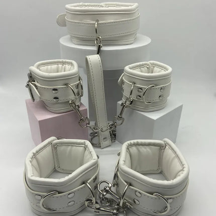 Soft PU Sponge Slave Bondage Set of Handcuffs Ankle Cuffs with Metal Chain Collar for Women Men Fetish Bdsm Adult Games Sex Toys