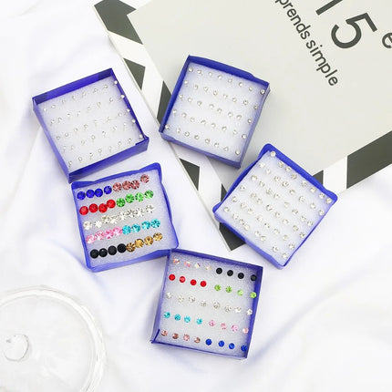 20pairs/set Crystal Stud Earrings Set colorful Plastic Earring for Women Silver Color Small Piercing Jewelry 2.5/3/4/5/6mm