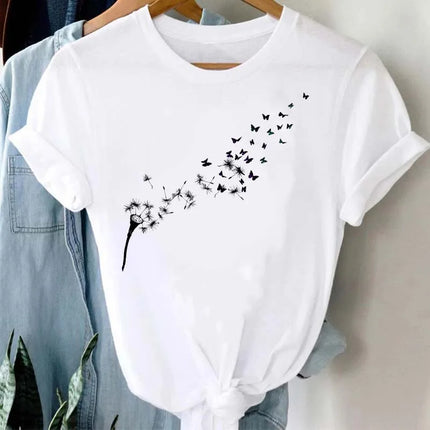 Maycaur Women's Graphic Cartoon Dandelion Print T-Shirt Short Sleeve Ladies Print Clothes Lady Tees Tops Female Women's T-Shirt