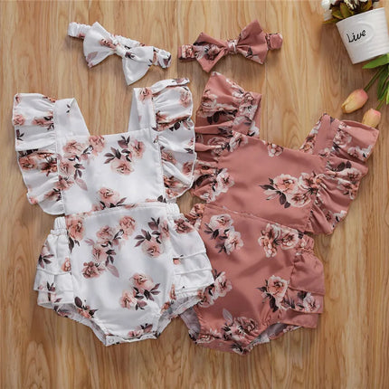 0-24months Baby Girls summer bodysuit Floral Printed Pattern Square Collar Sleeveless infant girls Romper Headdress set
