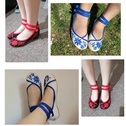 Veowalk Sunflower Embroidered Women Canvas Ballet Flats Ankle Strap Ladies Casual Cotton Chinese Embroidery Ballerina Shoes