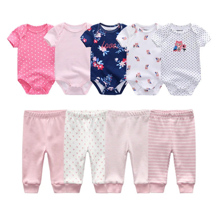 Newborn Clothes Set Bodysuits+Pants 9Pcs Baby Girl Outfits Pink Sweet Toddler Boy Autumn Clothing 0-12M Infant Birth Gift Soft
