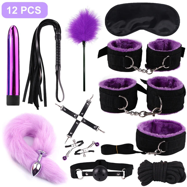 Handcuffs Collar Whip Gag Nipple Clamps BDSM Bondage Rope Erotic Adult Sex Toys For Woman Couples Anal Butt Plug Tail