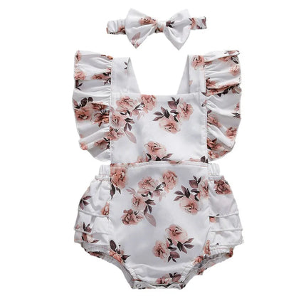 0-24months Baby Girls summer bodysuit Floral Printed Pattern Square Collar Sleeveless infant girls Romper Headdress set