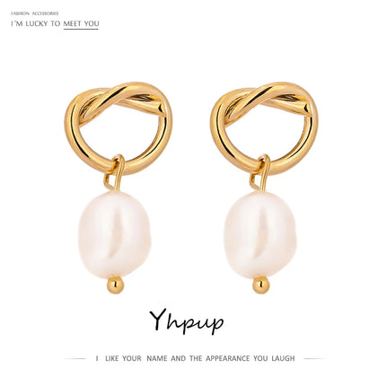 Yhpup Minimalist Natural Pearls Dangle Earrings Fashion Korean Simple Elegant Metal Texture Stylish Jewelry