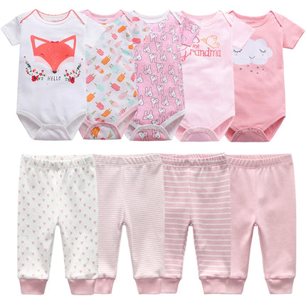 Newborn Clothes Set Bodysuits+Pants 9Pcs Baby Girl Outfits Pink Sweet Toddler Boy Autumn Clothing 0-12M Infant Birth Gift Soft