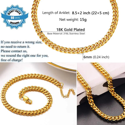 U7 6mm Wide 8.5inches Cuban Link Anklets for Women Adjustable Ankle Bracelets Men Gold Color Black Stainless Steel Jewelry