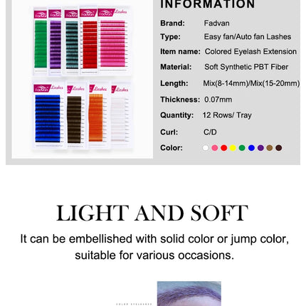 Fadvan Colored Eyelashes Extension Easy Fanning Red Green Blue Brown Purple Colorful Auto Blooming Makeup Lashes 15-20mm Long