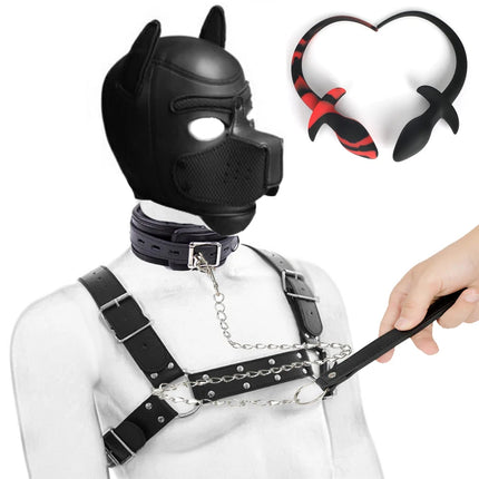 Bdsm Pet Roleplay Set,Puppy Play Dog Hood Mask Party Mask,Leather Male Chest Harness Strap,Dog Tail Plug,Pup Neck Collar Sex Toy