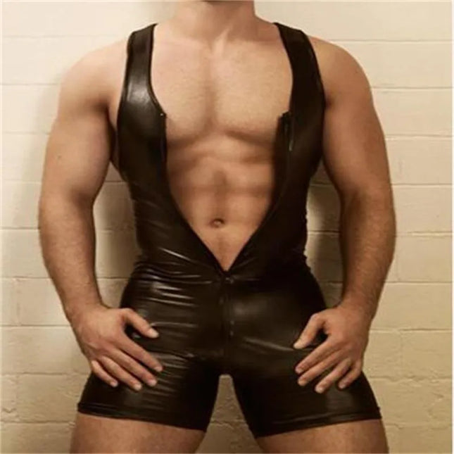 Men Lingerie Bodysuit Black Sexy Wetlook Faux Leather Zipper Open Bust Stretch Tight Erotic Catsuit Fetish Gay Costumes Clubwear