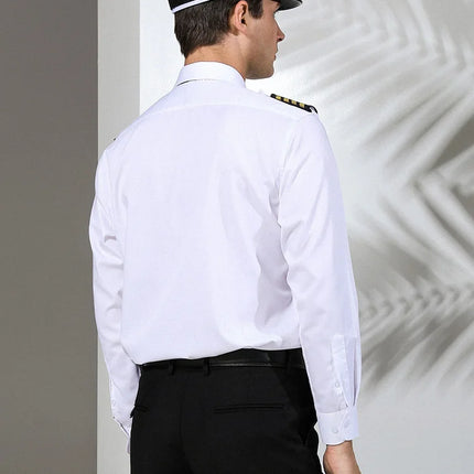 Super Quality Pilot Shirt Mens White Airline Pilot Uniforms Hair Stylist Fashion Slim Fit Workwear Big Size Male Clothing
