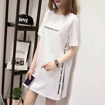 WONDERFUL DAY Print Long T shirts Summer Women Loose Slit Femme Tops  Tshirt Short sleeve Ladies t-shirt