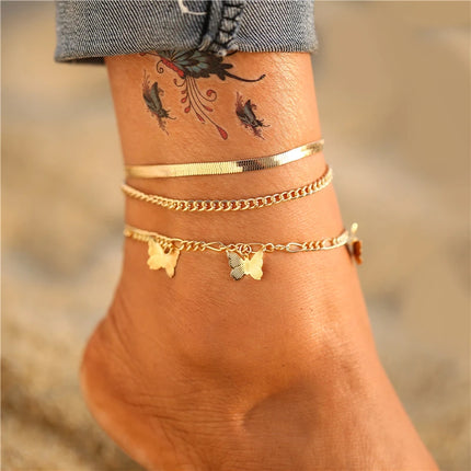 Fashion Gold Color  Snake Chain Multilayer Anklets Women Beads Anklet Leg Chain Ankle Bracelets Beach Foot Jewelry Accessories